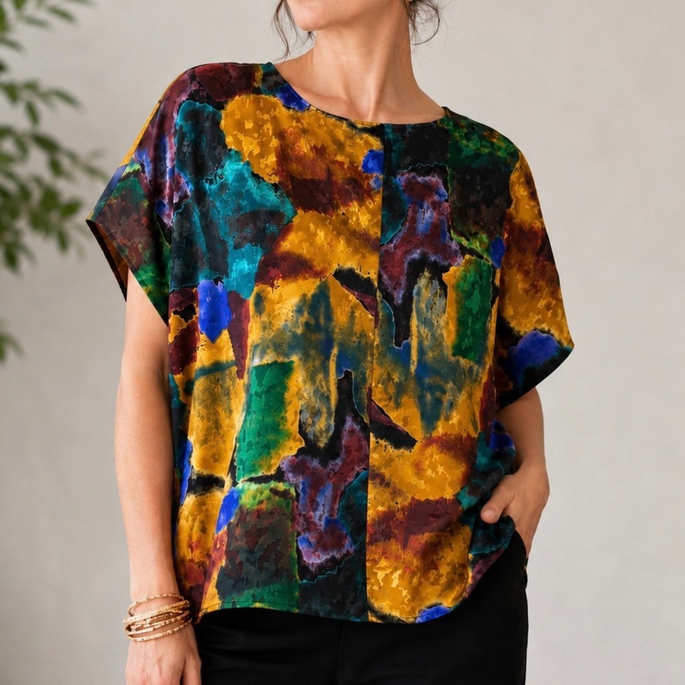 Vintage Cindy Collins Abstract Art Print Blouse Top‎ USA Made Large Colorful 90s